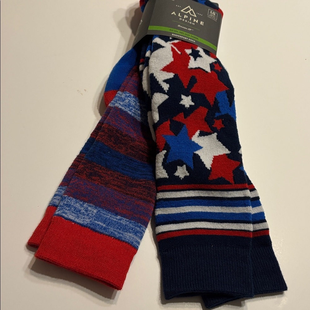 Alpine Men’s Ski Socks 2-Pack in Snowsport Stars and Stripes OTC Blue Red - Picture 3 of 11
